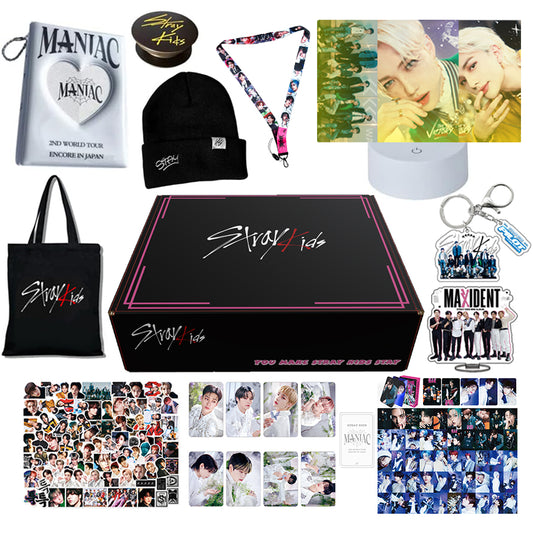 Stray Kids Merch Gift Box - Kpop Stray Kids Album Photocards Lomo Card Holder Stickers Keychain Lanyard Night Light Phone Holder Beanies Shoulder Bag